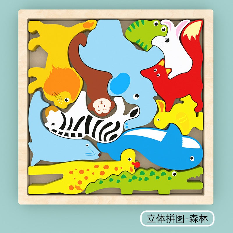 Children'S Cartoon Animal Creative Wooden Three-Dimensional Jigsaw Puzzle Animal Hand-Scratch Puzzle Building Blocks Traffic Puzzle - Image 1