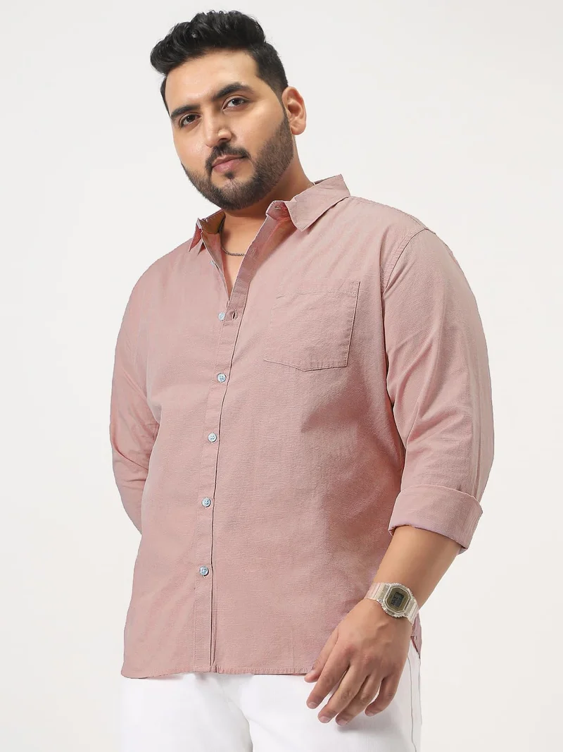 Urbano Plus Men's Pink Cotton Full Sleeve Regular Fit Casual Solid Slub Shirt with Spread Collar