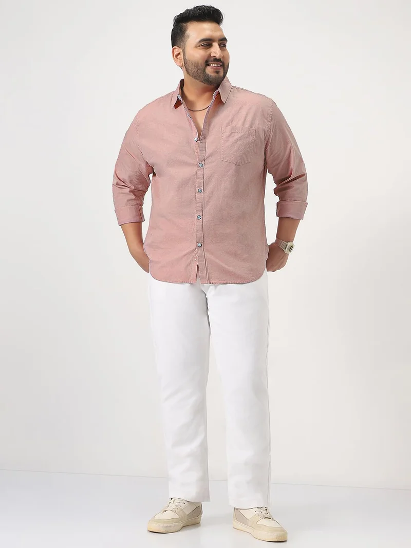 Urbano Fashion  Urbano Plus Men's Pink Cotton Full Sleeve Regular Fit Casual Solid Slub Shirt with Spread Collar  | Best Price UAE