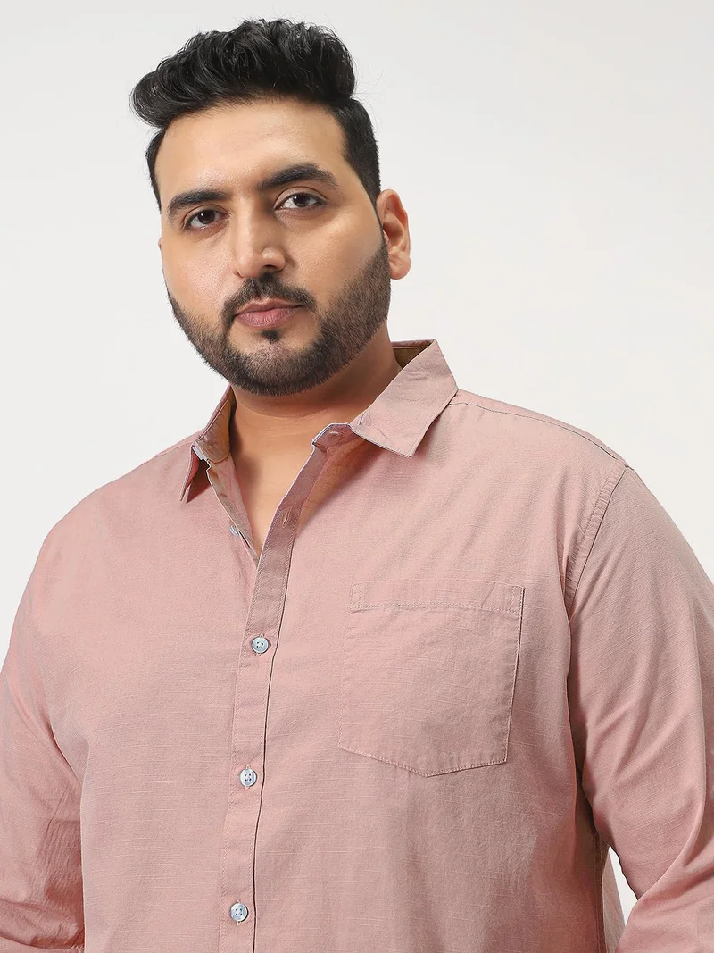Urbano Fashion  Urbano Plus Men's Pink Cotton Full Sleeve Regular Fit Casual Solid Slub Shirt with Spread Collar  | Best Price UAE