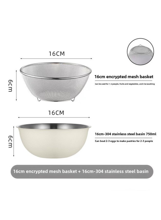 304 Stainless Steel Drain Basket For Vegetable Washing Blue Vegetable Basin With Scale Salad Bowl Rice Washing Egg Basin Drain Basin Set-Specifications:16CM-off-white-304 Basin-two-piece Set-Color:Two Colors Available - Image 1