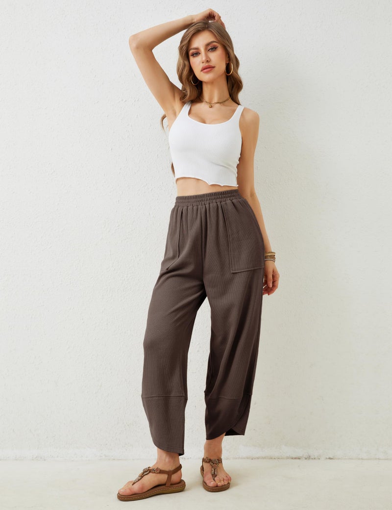 Himosyber Women Cotton Pants Wide Leg Pants Casual Loose Baggy Elastic Waist Beach Palazzo Harem Pants (Coffee-XS) - Image 2