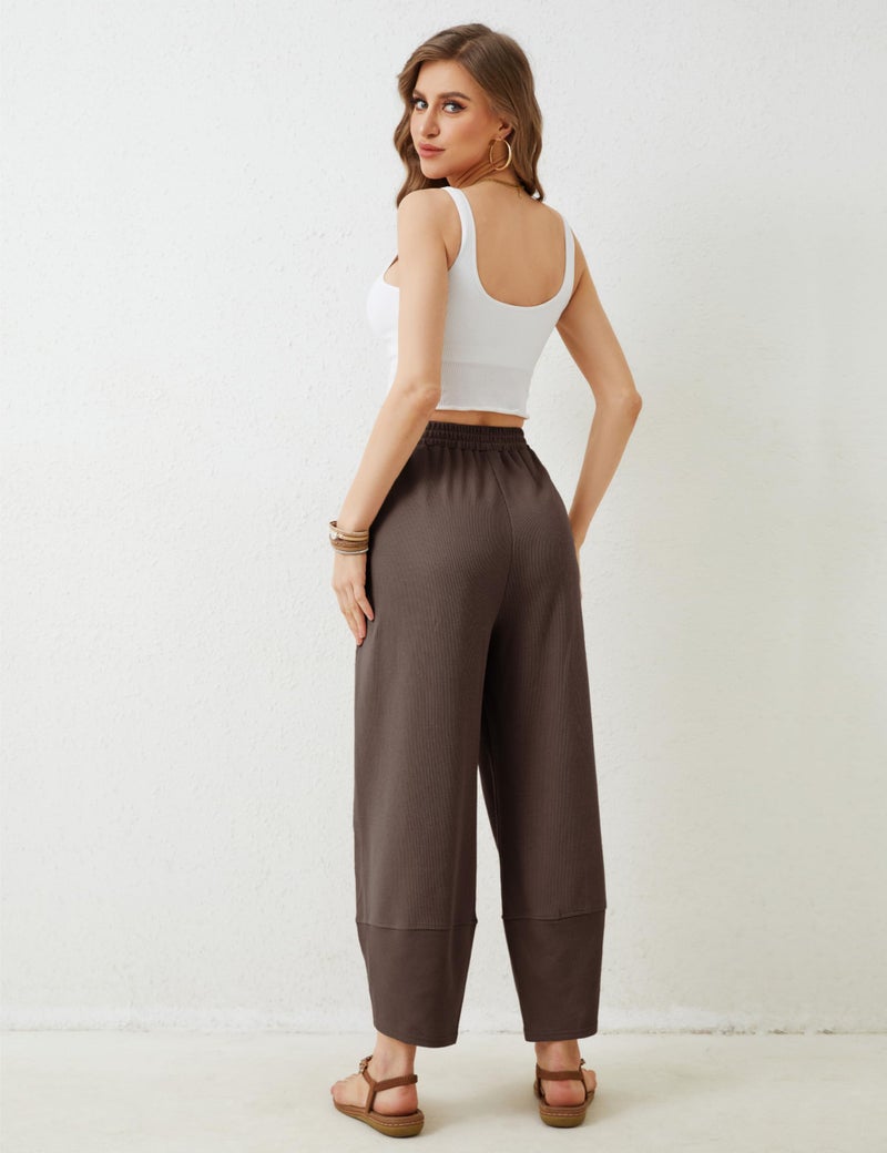 Himosyber Women Cotton Pants Wide Leg Pants Casual Loose Baggy Elastic Waist Beach Palazzo Harem Pants (Coffee-XS) - Image 5