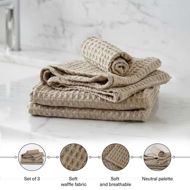 Pan Home مجموعة مناشف استحمام ويفل ناعمة كريمي - بيج - Image 3