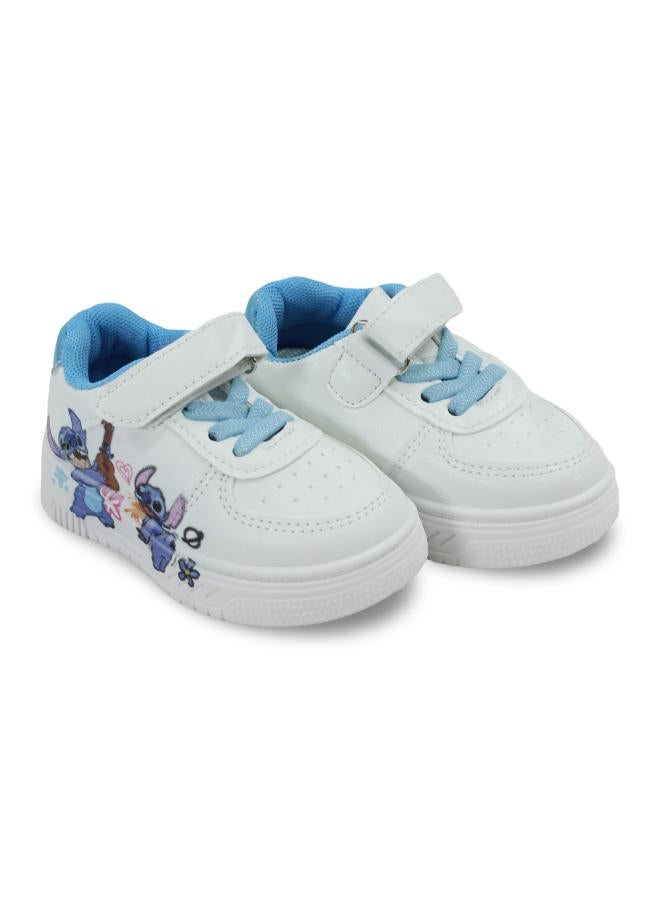 Baby Girls Leather Sneakers – Light Blue with Stitch Print - Image 1