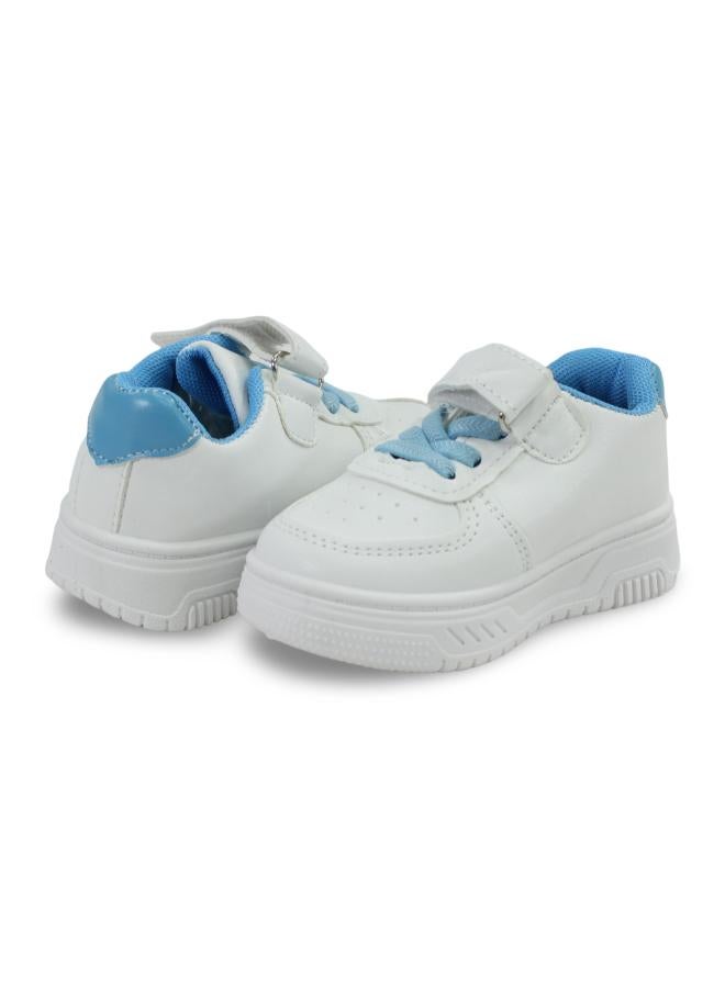 Baby Girls Leather Sneakers – Light Blue with Stitch Print - Image 2