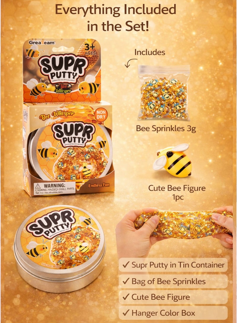 Greateam Bee Whisper Supr Putty 88-90G Glitter Sensory Slime in Tin Box with 0.9G Hexagonal Sequins 3G Bee Sprinkles & 1 Bee Figure Non Dry Stretchy Squishy Putty for Kids 3+ Years EN71 Certified Non Toxic EU Toy Safety Standard Stress Relief Sensory Play Educational Learning Toy Birthday Gift Party Favor Ramadan Gift for Boys & Girls - Image 4