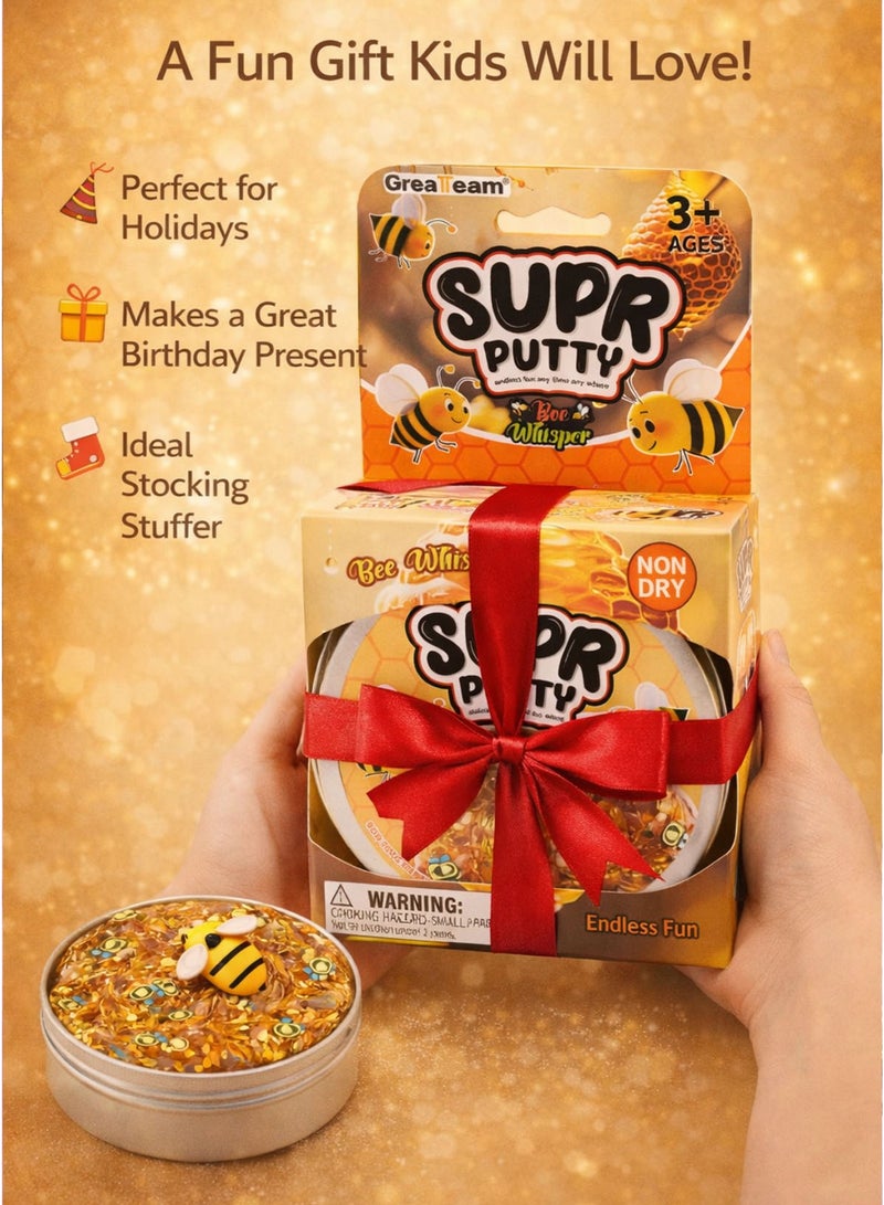Greateam Bee Whisper Supr Putty 88-90G Glitter Sensory Slime in Tin Box with 0.9G Hexagonal Sequins 3G Bee Sprinkles & 1 Bee Figure Non Dry Stretchy Squishy Putty for Kids 3+ Years EN71 Certified Non Toxic EU Toy Safety Standard Stress Relief Sensory Play Educational Learning Toy Birthday Gift Party Favor Ramadan Gift for Boys & Girls - Image 5