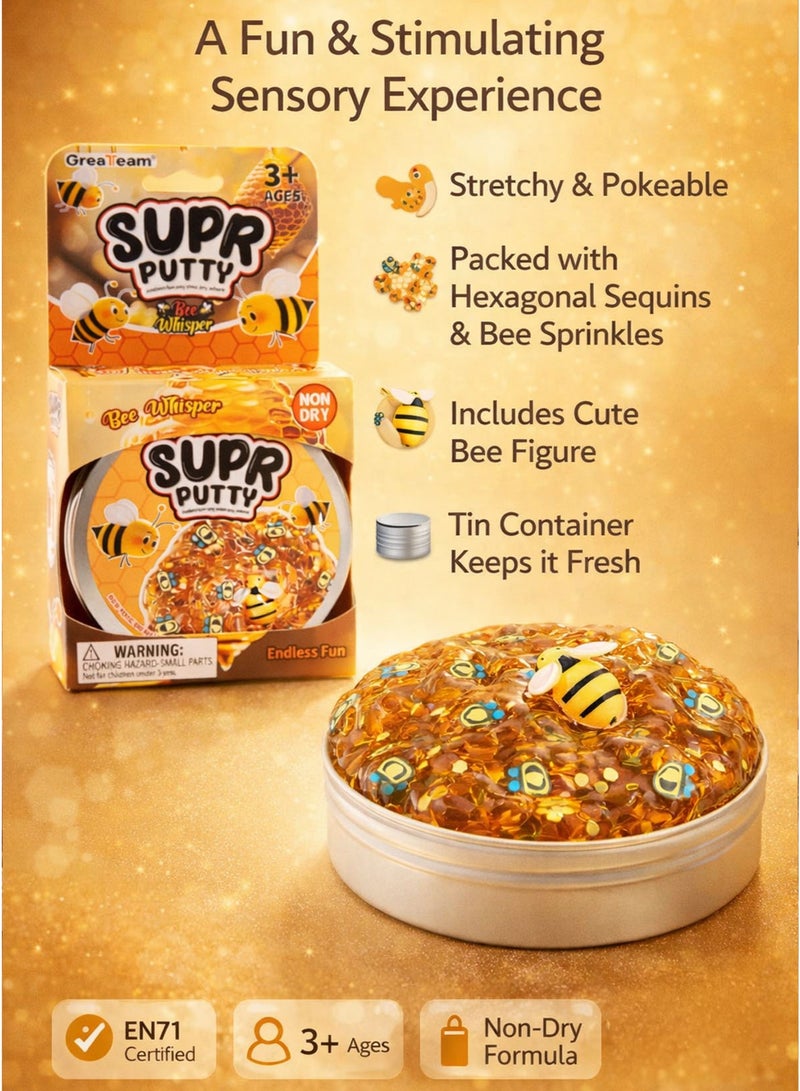 Greateam Bee Whisper Supr Putty 88-90G Glitter Sensory Slime in Tin Box with 0.9G Hexagonal Sequins 3G Bee Sprinkles & 1 Bee Figure Non Dry Stretchy Squishy Putty for Kids 3+ Years EN71 Certified Non Toxic EU Toy Safety Standard Stress Relief Sensory Play Educational Learning Toy Birthday Gift Party Favor Ramadan Gift for Boys & Girls - Image 2