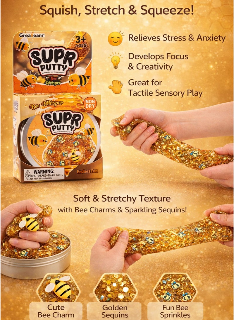 Greateam Bee Whisper Supr Putty 88-90G Glitter Sensory Slime in Tin Box with 0.9G Hexagonal Sequins 3G Bee Sprinkles & 1 Bee Figure Non Dry Stretchy Squishy Putty for Kids 3+ Years EN71 Certified Non Toxic EU Toy Safety Standard Stress Relief Sensory Play Educational Learning Toy Birthday Gift Party Favor Ramadan Gift for Boys & Girls - Image 3