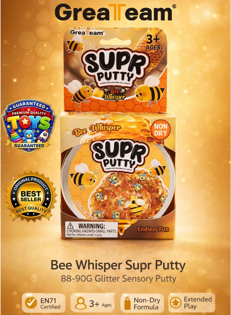 Greateam Bee Whisper Supr Putty 88-90G Glitter Sensory Slime in Tin Box with 0.9G Hexagonal Sequins 3G Bee Sprinkles & 1 Bee Figure Non Dry Stretchy Squishy Putty for Kids 3+ Years EN71 Certified Non Toxic EU Toy Safety Standard Stress Relief Sensory Play Educational Learning Toy Birthday Gift Party Favor Ramadan Gift for Boys & Girls - Image 1