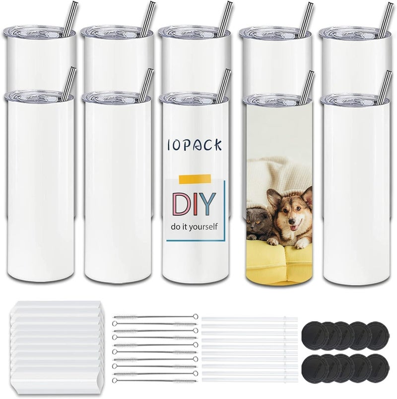 Kocdam 10 Pack 20oz Sublimation Tumblers Blanks Products, Stainless Steel Double Wall Sublimation Tumbler with Lid and Straw, Polymer Coating for Heat Transfer Customized Gifts - Image 1