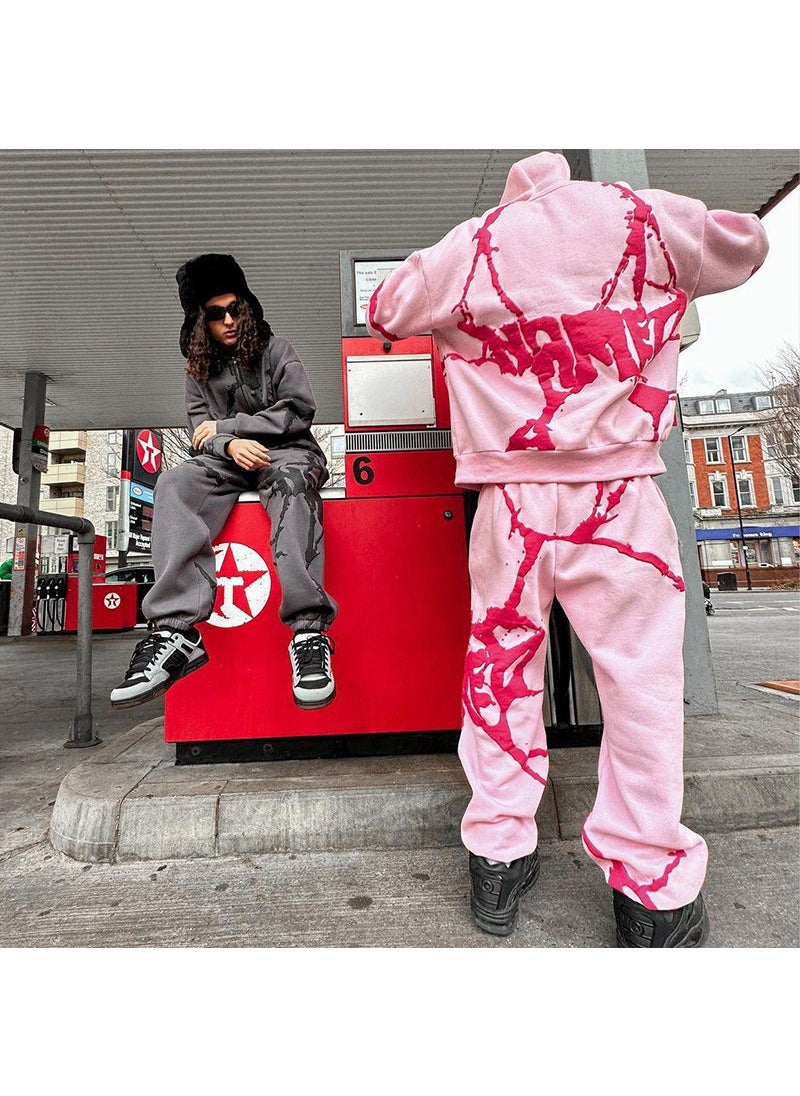 Generic - Streetwear Foam Print Zip Hoodie Unisex Y2K Brown suit - Image 1