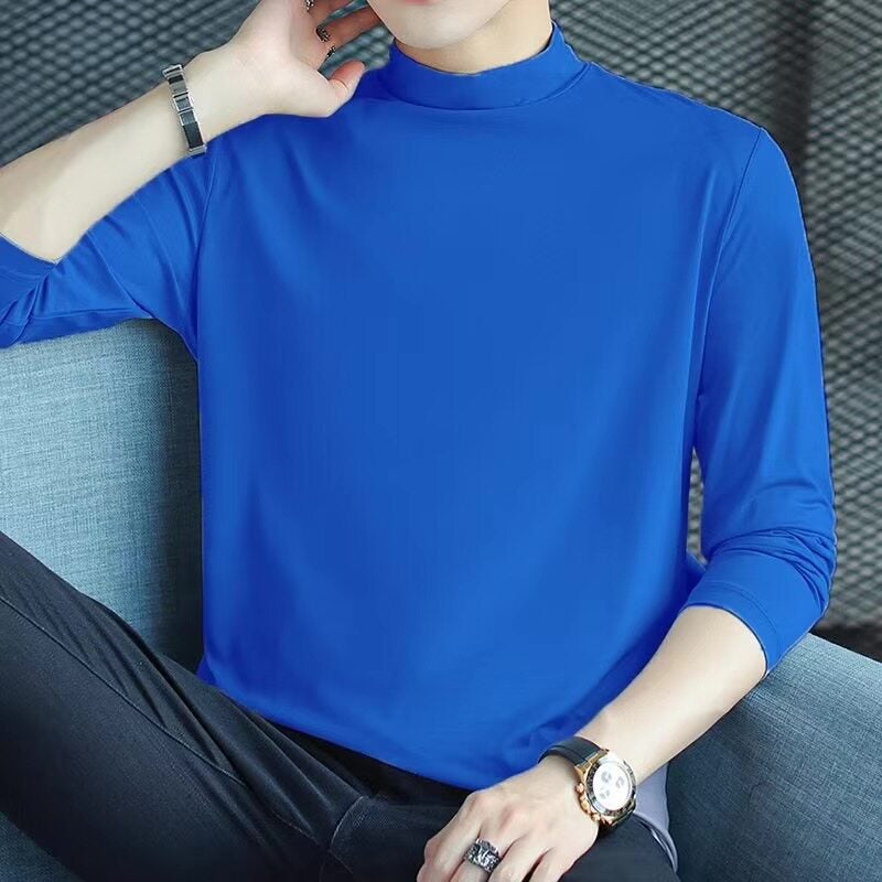 Autumn long-sleeved t-shirt men's solid color autumn clothes pure cotton modal half-turtleneck trendy Korean version thin mid-neck base shirt - Image 1