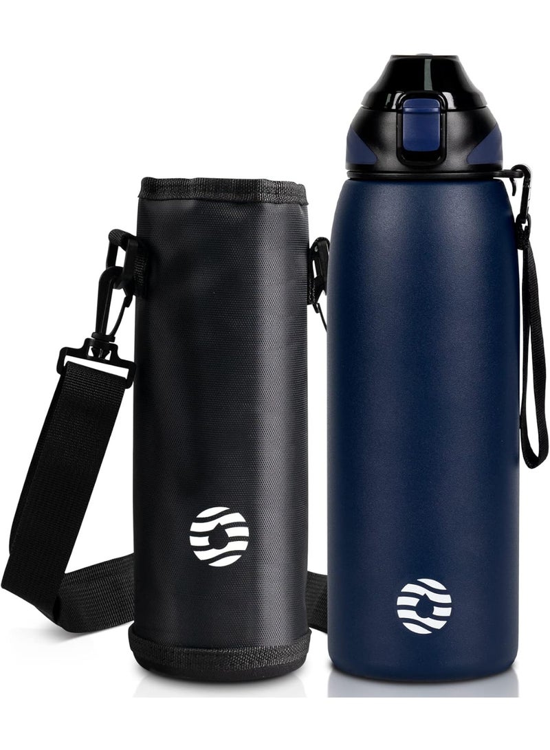 FjBottle زجاجة مياه Fjbottle معزولة بتفريغ الهواء سعة 1000 مل مع حقيبة؛ قارورة رياضية من الفولاذ المقاوم للصدأ بجدار مزدوج وفتحة واسعة، تحافظ على حرارة المشروبات (ساخنة أو باردة)؛ كوب حراري للسفر مانع للتسرب وخالٍ من مادة BPA، مناسب للرياضات الخارجية وركوب الدراجات. - Image 1