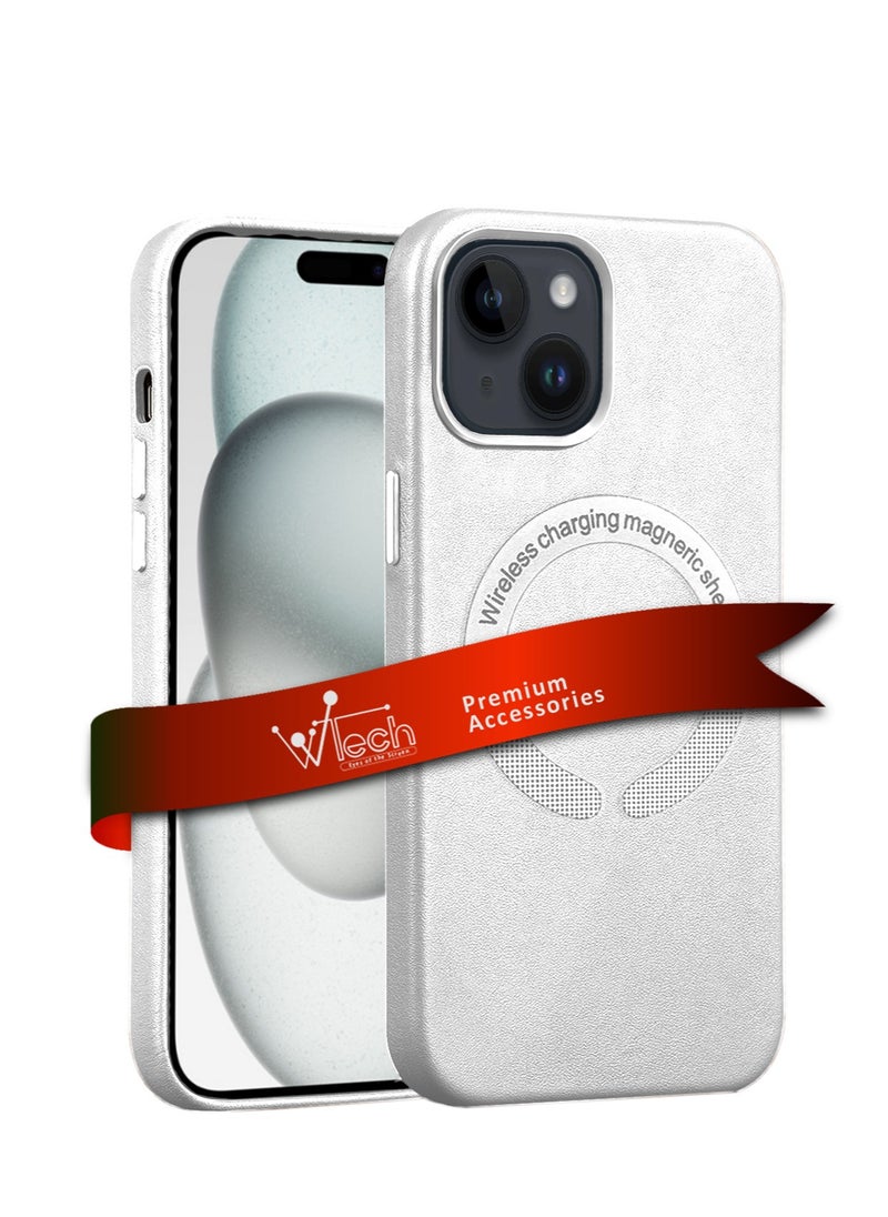 Wtech - Leather Magnetic Wireless Charging Case Original MagSafe Shockproof Case Cover For Apple iPhone 15 2023 Luxury White - Image 1