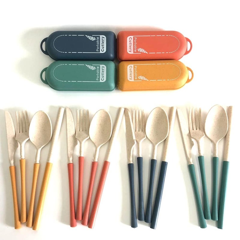 Barakah Travel Utensil Set with Case, 4 Sets Wheat Straw Utensils, Reusable Travel Utensils Set, Lunch Box Utensils Set, Portable Detachable Cutlery for Kids Adult School Travel Picnic Camping or Daily Use - Image 1