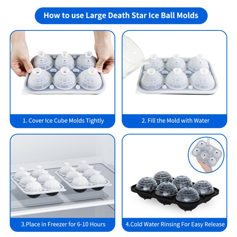 Bongpuda 6 Chamber 2.34" 3D Death Star Ball Ice Cube Tray With Funnel,Large Round Ice Ball Molds Silicone Fun Shapes Whiskey Circle Ice Tray,For Chilling Whiskey,Cocktails,Bourbon,Brandy and Beverages - Image 4