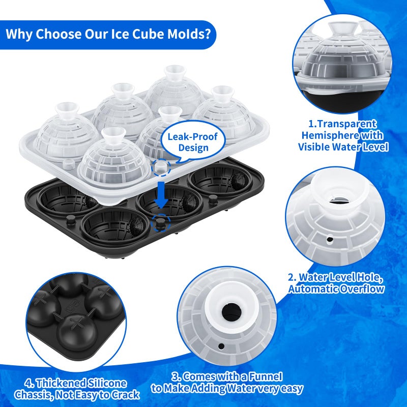 Bongpuda 6 Chamber 2.34" 3D Death Star Ball Ice Cube Tray With Funnel,Large Round Ice Ball Molds Silicone Fun Shapes Whiskey Circle Ice Tray,For Chilling Whiskey,Cocktails,Bourbon,Brandy and Beverages - Image 5