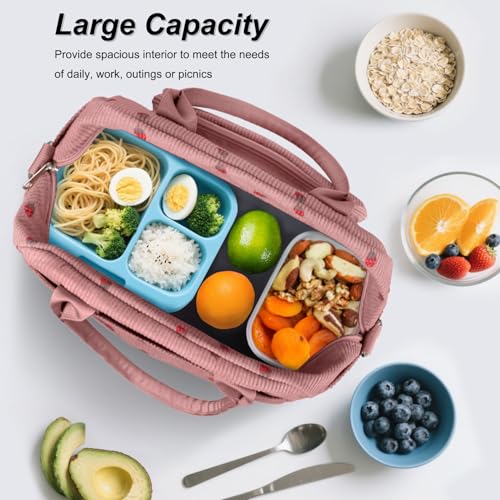 FITDON Insulated Lunch Bag for Women, Large Lunch Box Container Leakproof Corduroy Cooler Bag Lunch Tote Bag for Work Picnic, Pink Strawberry - Image 2