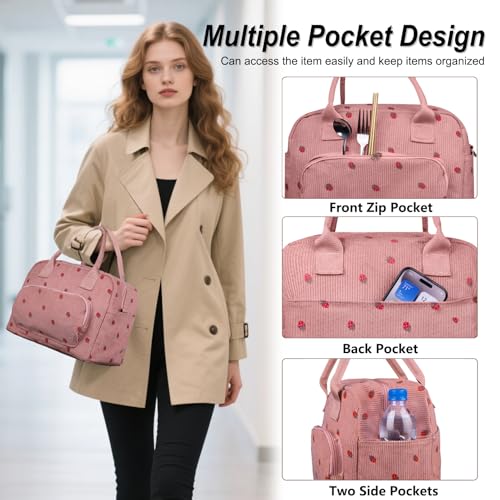 FITDON Insulated Lunch Bag for Women, Large Lunch Box Container Leakproof Corduroy Cooler Bag Lunch Tote Bag for Work Picnic, Pink Strawberry - Image 4
