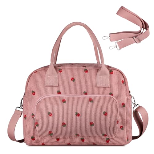 FITDON Insulated Lunch Bag for Women, Large Lunch Box Container Leakproof Corduroy Cooler Bag Lunch Tote Bag for Work Picnic, Pink Strawberry - Image 1
