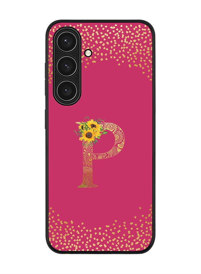 Stylizedd Rugged Black edge case for Samsung Galaxy S24 FE, Slim fit Case Cover - Custom Monogram Initial Letter Floral Pattern Alphabet - P ( Deep Pink Rose ) - Image 1