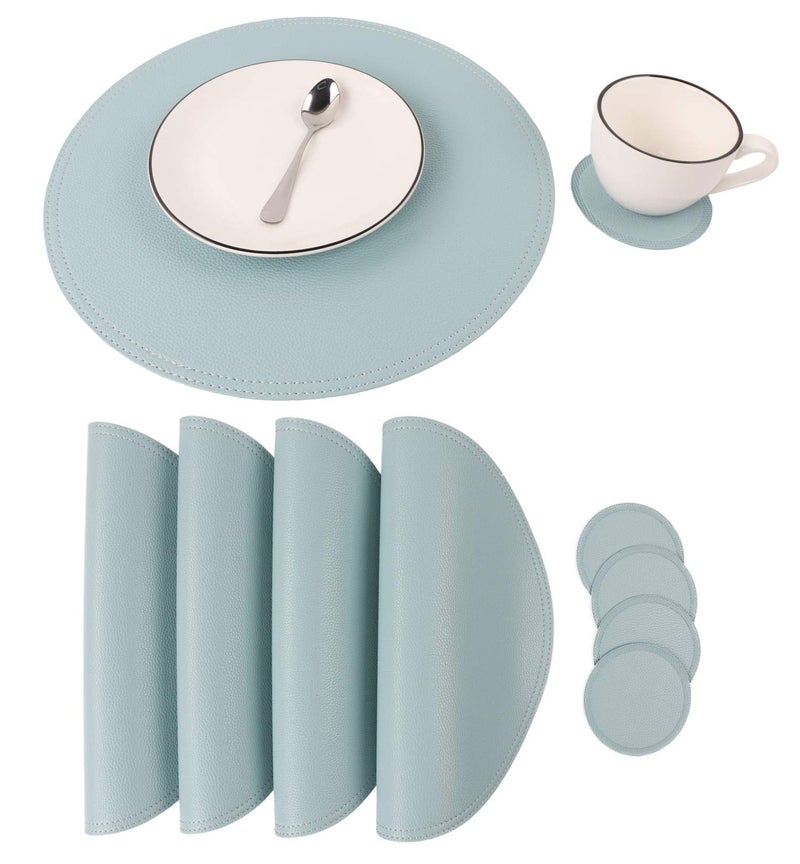 Faux Leather Round Placemats and Coasters Coffee Mats Kitchen Table Mats Waterproof Easy to Clean for Kitchen Dining Round Table Set of 4