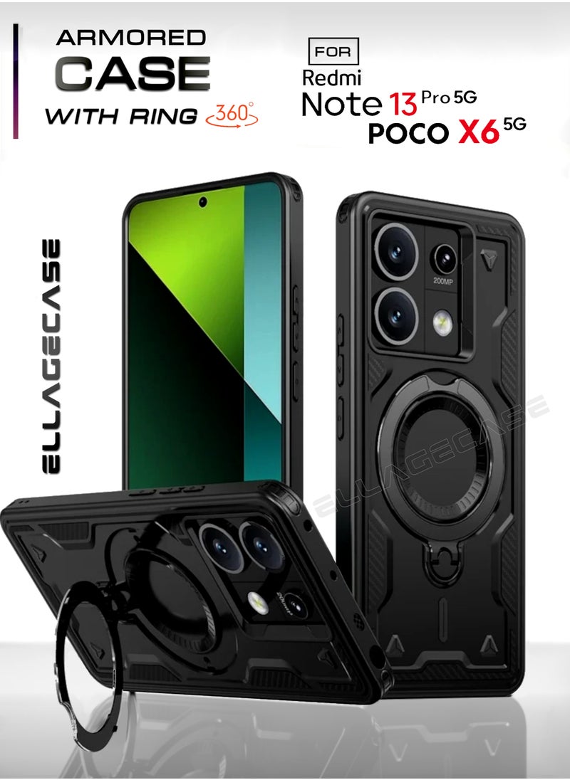 ELLAGECASE Protective Case with Ring for Xiaomi Redmi Note 13 Pro 5G / Poco X6 5G, Rugged Drop Protection, Horizontal and Vertical Stand Capability, Solid Camera Protection, Balanced Support, and Perfect Compatibility with Magnetic Accessories  - Image 1