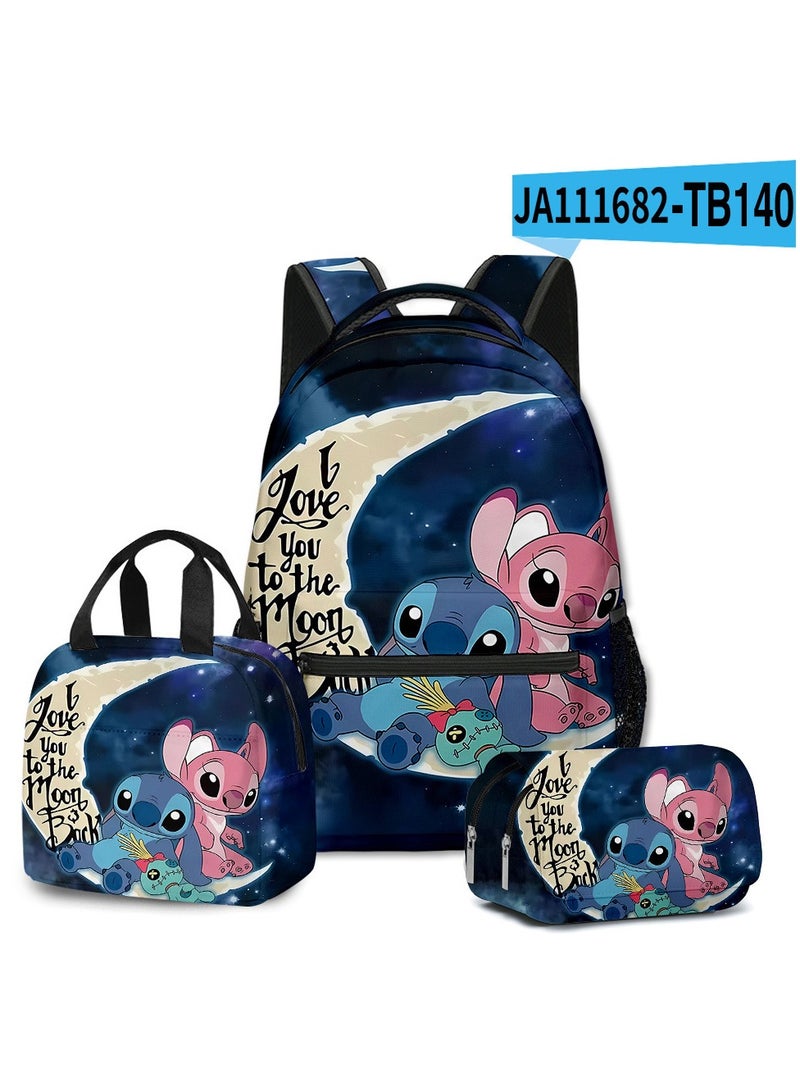 SKT Shiketro Stitch Student School Bag Children's Lunch Bag Pencil Case Three-Piece Set 30*40*17cm