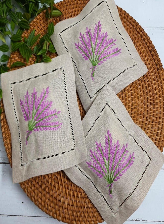 Hcraft Hand Embroidered Lavender Sachet Bags, 6"x6" Set of 3 Embroidery Natural Linen, Lavender Sachets for Drawers and Closets, Dried Lavender - Image 1
