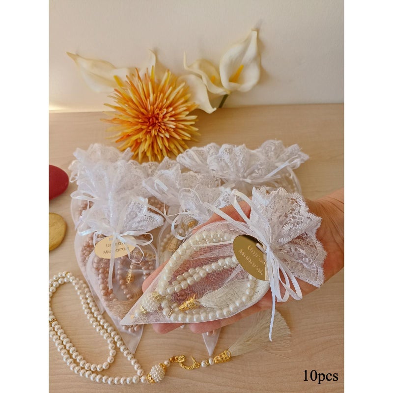 Custom Engraved Acrylic Favors Bracelet Party Favor Packs with Beads and Tulle for Wedding Gift White Beads + Perforated Golden Oval + White Lace Bag 10pcs - Image 1