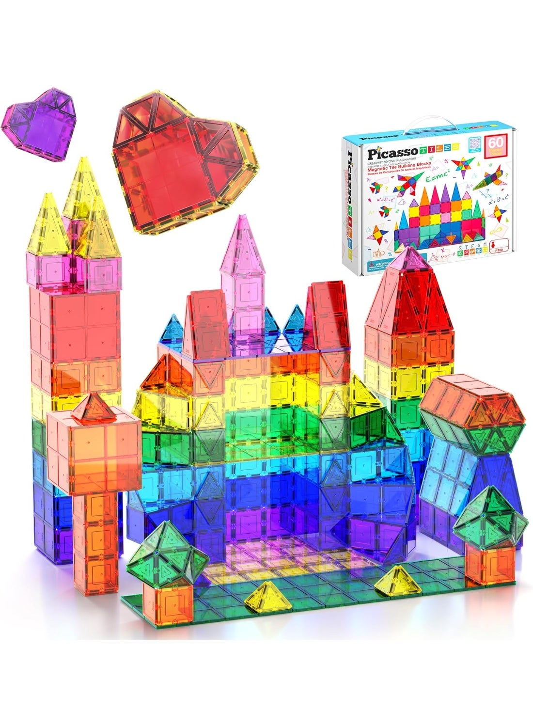 PicassoTiles Magnetic Tiles Building Blocks 60-Pieces | STEM Toys | Educational Toy Set | Stacking Blocks | Enhance Problem-solving Skills & Fine Motor Skills | Improves Coordination & Creativity | Gift for Kids and Toddlers | Construction Building Set for Child Brain Development
