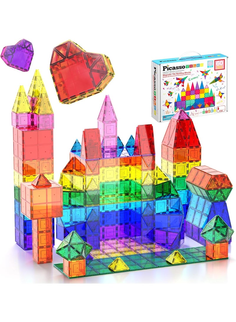PicassoTiles Magnetic Tiles Building Blocks 60-Pieces | STEM Toys | Educational Toy Set | Stacking Blocks | Enhance Problem-solving Skills & Fine Motor Skills | Improves Coordination & Creativity | Gift for Kids and Toddlers | Construction Building Set for Child Brain Development - Image 1