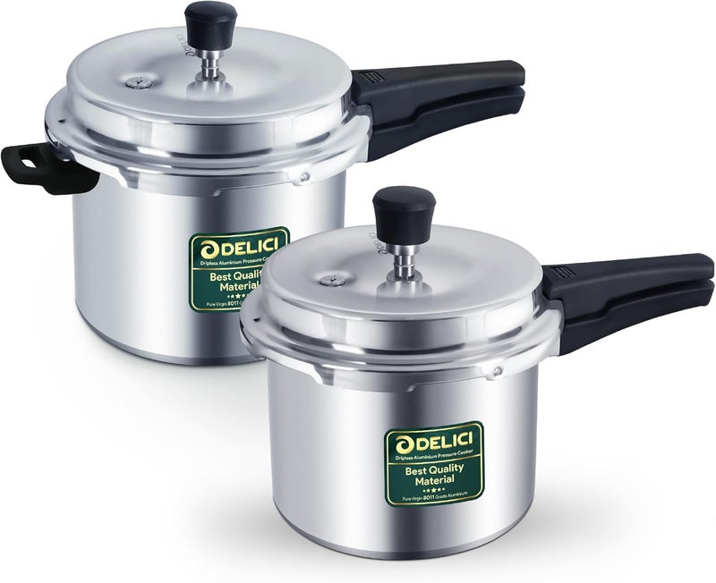 ديليتشي مجموعة قدر الضغط من الألمنيوم DELICI (سعة 5 لتر + 3 لتر)، تصميم خالي من التسربات مع ألمنيوم خام من الدرجة 8011 عالية الجودة، نظام ذكي للتحكم في التسربات، مقابض مقاومة للحرارة مصنوعة من الباكلايت، ضمان لمدة 5 سنوات. - Image 1