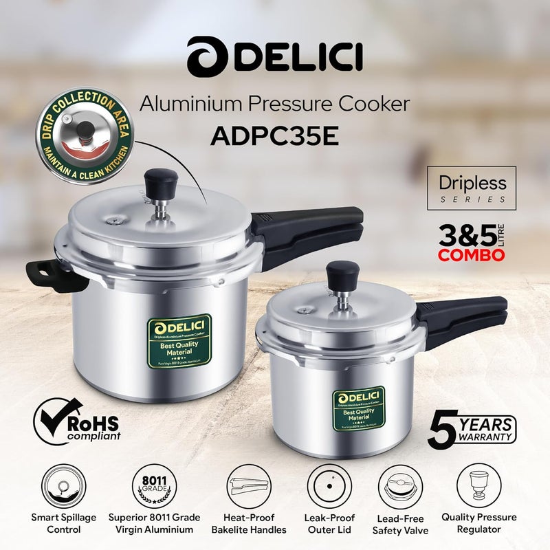 ديليتشي مجموعة قدر الضغط من الألمنيوم DELICI (سعة 5 لتر + 3 لتر)، تصميم خالي من التسربات مع ألمنيوم خام من الدرجة 8011 عالية الجودة، نظام ذكي للتحكم في التسربات، مقابض مقاومة للحرارة مصنوعة من الباكلايت، ضمان لمدة 5 سنوات. - Image 2