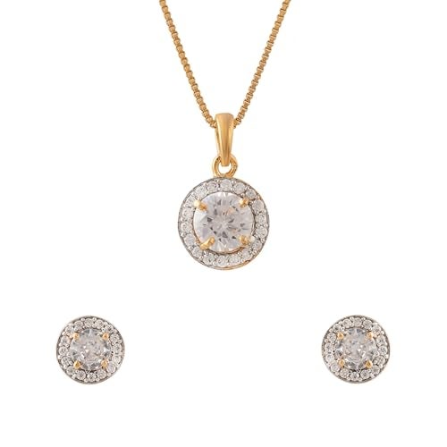 VOYLLA Sparkling Elegance Golden Glow Pendant Set, American Diamond, Trendy, Gift For Women, Rakhi Gift For Sister - Image 1