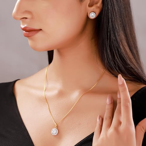 VOYLLA Sparkling Elegance Golden Glow Pendant Set, American Diamond, Trendy, Gift For Women, Rakhi Gift For Sister - Image 3