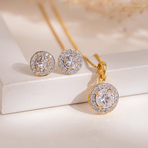 VOYLLA Sparkling Elegance Golden Glow Pendant Set, American Diamond, Trendy, Gift For Women, Rakhi Gift For Sister - Image 2