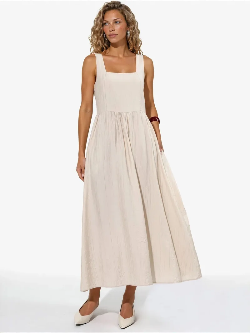 BUSEM Solid Midi Dress with Square Collar