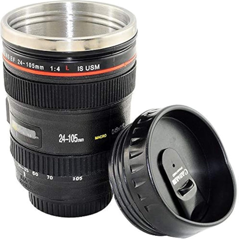 Camera lens shape stainless steel cup coffee tea travel hot drinks mug thermos and biscuit tray