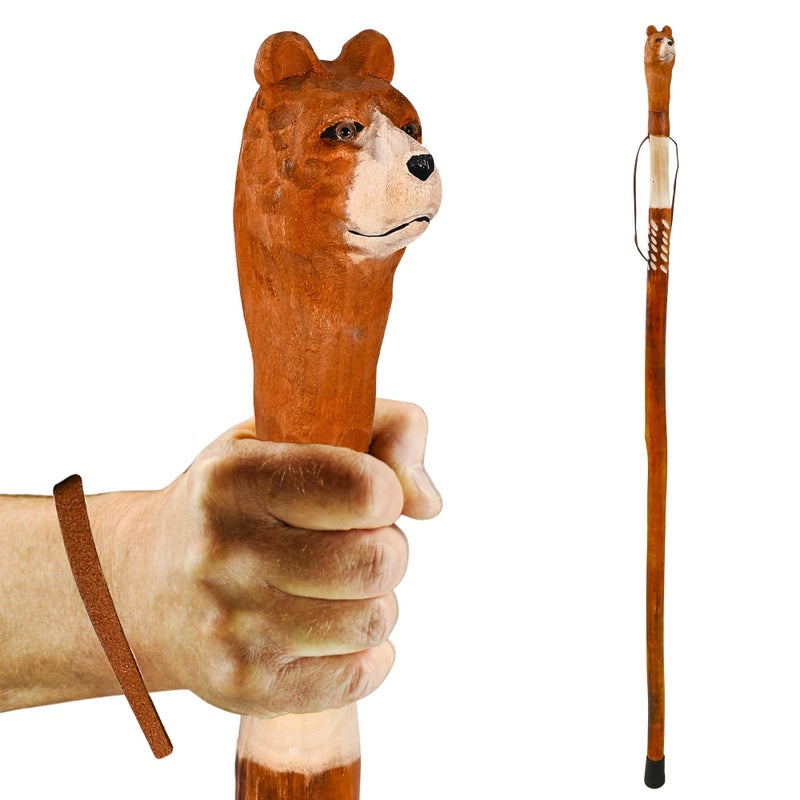BODYTREE Carved Walking Stick - Lightweight and Strong Wooden Treckking Pole & Cane for Men Women & Seniors - A Hiking Gear Sculpted in Wood (Bear) - Image 1