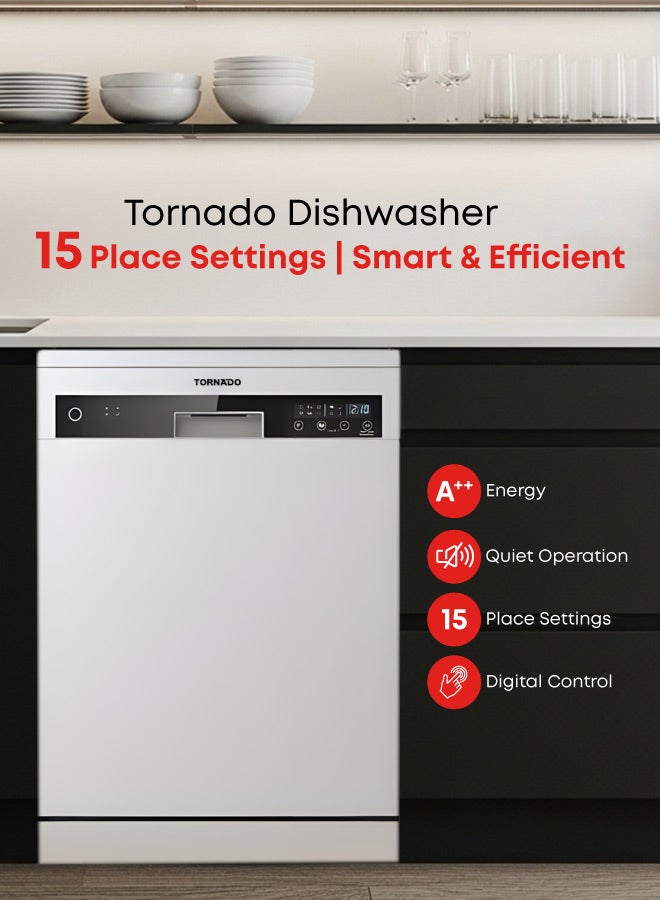 TORNADO Freestanding Dishwasher 15 Place Settings, 6 Programs, 3 Racks, Auto door, Dual Zone Technology, Low Noise, Half-load, Stainless Steel Tub - Image 1