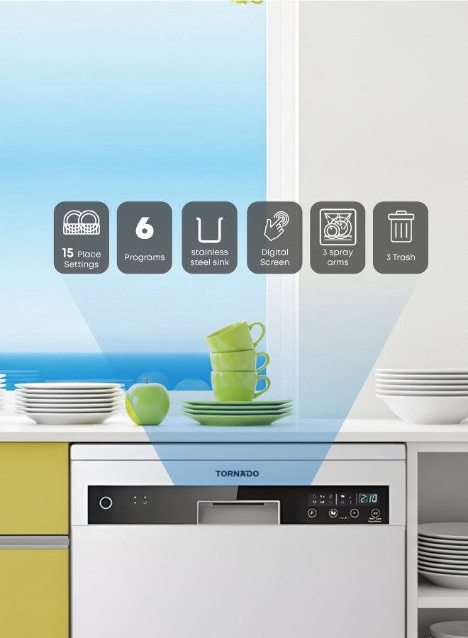 TORNADO Freestanding Dishwasher 15 Place Settings, 6 Programs, 3 Racks, Auto door, Dual Zone Technology, Low Noise, Half-load, Stainless Steel Tub - Image 2