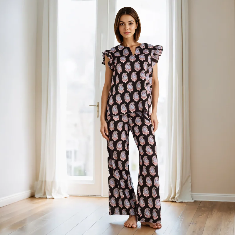 Splash FAV Printed Pyjama Set with Ruffle Sleeves