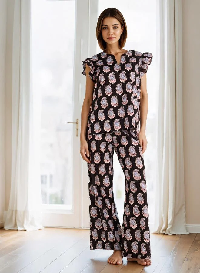 Splash FAV Printed Cotton Pyjama Set with Ruffle Sleeves