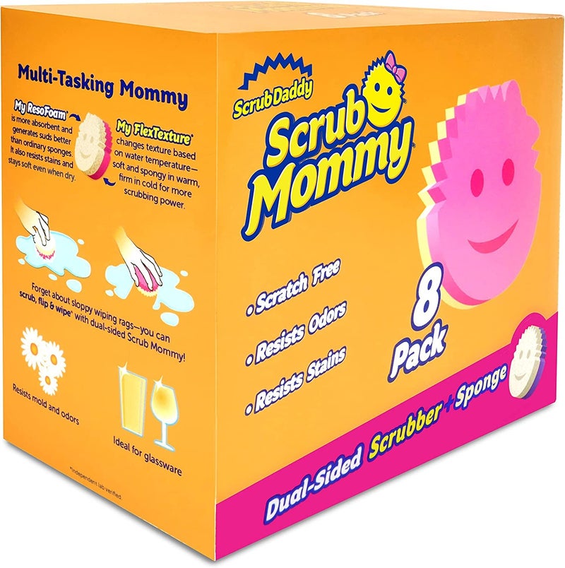 Scrub Daddy إسفنجة سكراب دادي ذات الجانبين وسكربر - سكراب مامي - إسفنجة خالية من الخدوش للأطباق والمنزل، ناعمة في الماء الدافئ، صلبة في الماء البارد، مقاومة للرائحة، متعددة الأسطح 8 قطع (عبوة من 1) - Image 1