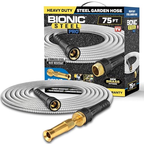 Bionic Steel PRO 75ft Garden Hose with Nozzle, 304 Stainless Steel Metal 75ft Water Hose Flexible Hose, Kink Free, Lightweight & Heavy Duty, Crush Resistant Fitting, Easy Coil, 500 PSI 2025 Model - Image 1