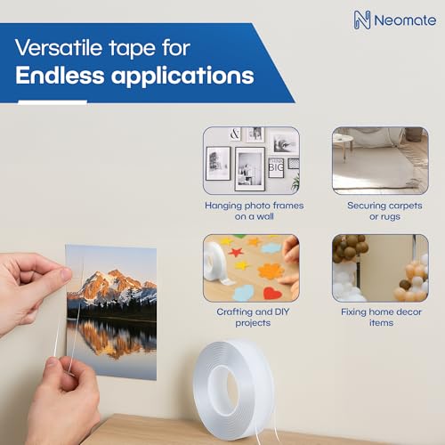 Neomate Double-Sided Heavy Duty Tape 3m | Strong Adhesive Transparent Mounting Tape for Walls, Posters, Carpets | Home & Office Use | 9.8 x 9.8 x 3 cm - Image 3