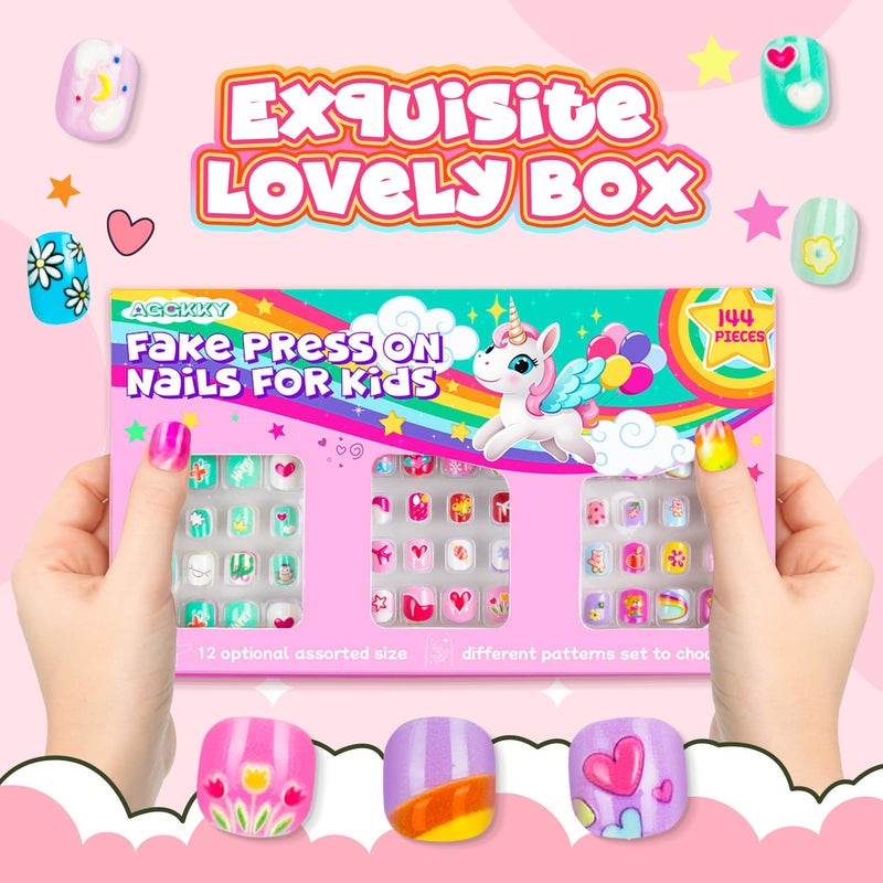 AGGKKY 144 Pieces 6 Pack Kids Press on Nails Artificial Fake Nails for Kids Girls Pre Glue Full Cover Short Acrylic False Nail Tips Art Kits Gifts for Girls Nail Art Decoration (Lovely Pattern) - Image 5